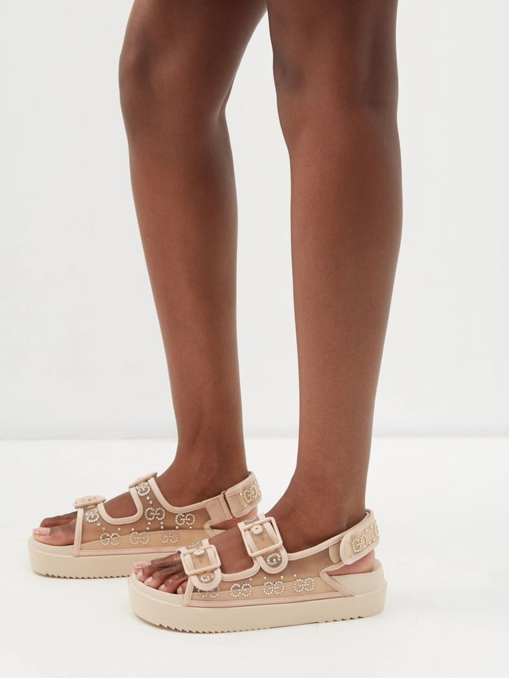 Gucci Isla Double Strap GG Crystal Mesh Platform Sandals Rose Beige 7.5